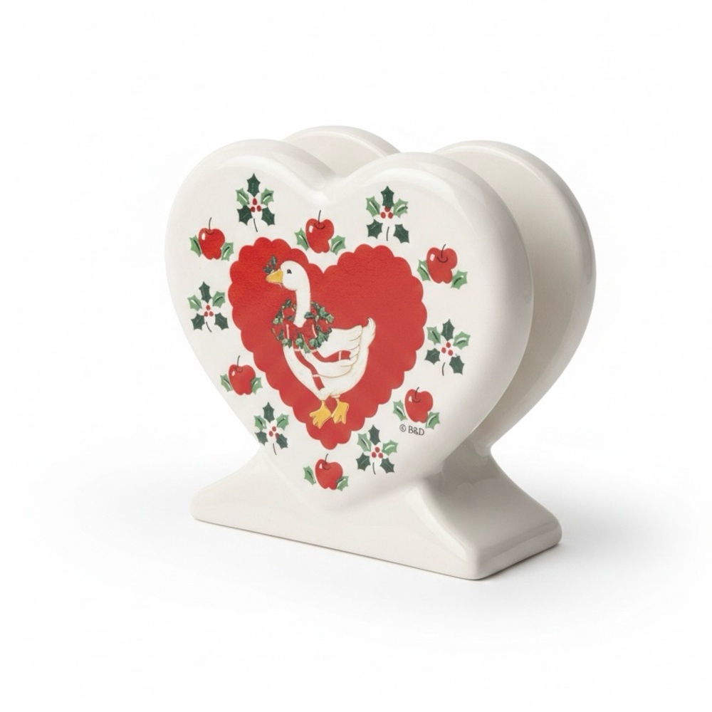 Charming White Ceramic Napkin Holder with Goose and Apple Design